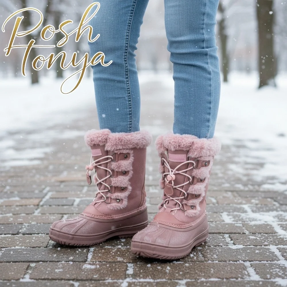 London Fog Faux Fur Winter Snow Boots Pink Suede Size 4 Cabincore Cozy Outdoor